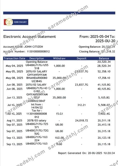 India RBB Smart Bank electronic account statement Word and PDF template